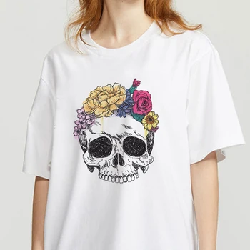 Modes Ziedu skelets T Krekls Sievietēm Jauki Drukāt Īsām Piedurknēm O-veida kakla T-krekls Vintage Ullzang T Harajuku Topi 0