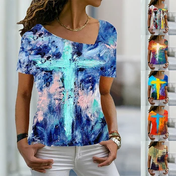 2022. gada Vasaras Sieviešu Modes Iespiesti 3D Tēma Abstraktās Ģeometriskās T Krekls ar V veida Kakla Pamata Topi Plus Size Print Krekls 6XL Pulovers Jaunas 0