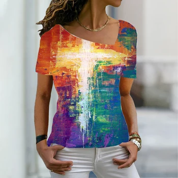 2022. gada Vasaras Sieviešu Modes Iespiesti 3D Tēma Abstraktās Ģeometriskās T Krekls ar V veida Kakla Pamata Topi Plus Size Print Krekls 6XL Pulovers Jaunas 1