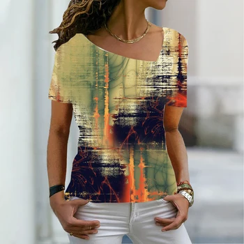 2022. gada Vasaras Sieviešu Modes Iespiesti 3D Tēma Abstraktās Ģeometriskās T Krekls ar V veida Kakla Pamata Topi Plus Size Print Krekls 6XL Pulovers Jaunas 2