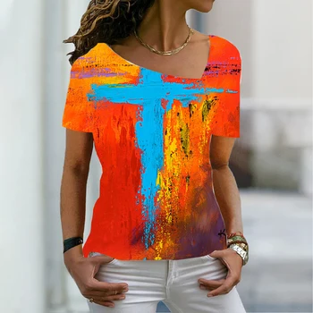 2022. gada Vasaras Sieviešu Modes Iespiesti 3D Tēma Abstraktās Ģeometriskās T Krekls ar V veida Kakla Pamata Topi Plus Size Print Krekls 6XL Pulovers Jaunas 5