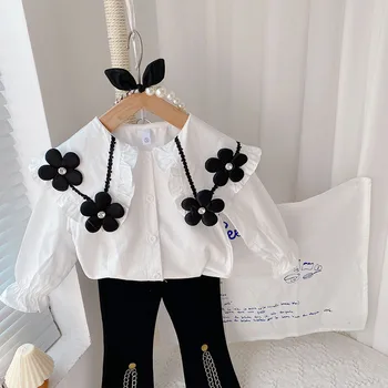 Pavasara-rudens Meiteņu drēbes 2022 jauns Bērnu'shirt black Liela ziedu krekls ar garām piedurknēm Atpūtas Baby Girl atloks augšdaļas ģērbs 1