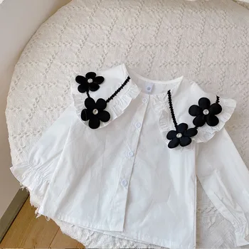 Pavasara-rudens Meiteņu drēbes 2022 jauns Bērnu'shirt black Liela ziedu krekls ar garām piedurknēm Atpūtas Baby Girl atloks augšdaļas ģērbs 2