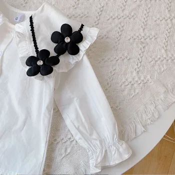 Pavasara-rudens Meiteņu drēbes 2022 jauns Bērnu'shirt black Liela ziedu krekls ar garām piedurknēm Atpūtas Baby Girl atloks augšdaļas ģērbs 3
