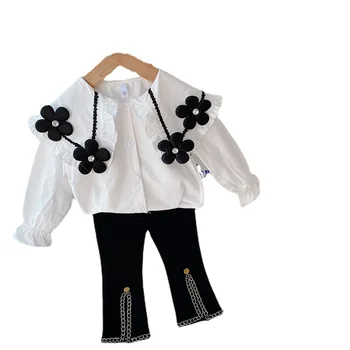 Pavasara-rudens Meiteņu drēbes 2022 jauns Bērnu'shirt black Liela ziedu krekls ar garām piedurknēm Atpūtas Baby Girl atloks augšdaļas ģērbs 4