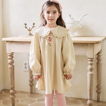 BEBEZOO Meitenes Rudens Kleita tīrtoņa Krāsu Peter Pan Apkakli Cute Princese Kleitas 3-8 Gadiem Bērniem Drēbes Meitenei