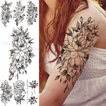 Reāli Melns Ziedu Pagaidu Tetovējumiem Sievietēm, Meitenēm Čūsku, Putnu Saules Puķu Viltus Tetovējumu Uzlīmes, Roku, Ķermeņa Tatoos Lotosa Ziedu