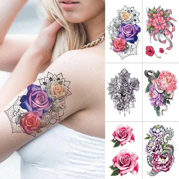 Ūdensnecaurlaidīgus Pagaidu Tetovējumu Uzlīmes Čūska Rožu Lotus Flash Tetovējumiem Mežģīņu ziedi Body Art Rokas Ūdens Nodošanu Viltus Tetovējums Sievietes Vīrieši