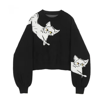 2022 Tumši Stila Streetwear Vintage Harajuku Adīšanas Džemperis Anime Kaķis Trikotāžas Rudens Ziemas Džemperi, Puloveru, Gothic Modes Augšu 0