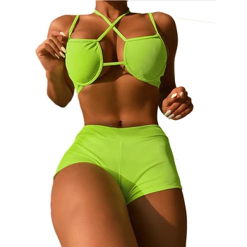 FS Zaļā String Krusta Augstas Starām. Divas Gabals Peldkostīmi Peldkostīmi Bikini Komplekts Ar Bokseri Peldēšanas Tērps Sievietēm Pludmalē Valkāt