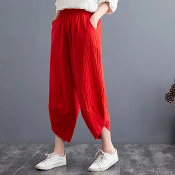 Liels Izmērs 4XL Sieviešu Vintage Elastīgās Bikses ar Augstu Vidukli Kokvilnas Veļa Pantalon Zaudēt Garas Harēma Bikses Gadījuma Baggy Streetwear