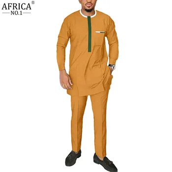 Āfrikas Vīriešu apģērbi O-veida Kakla Krekls Un Bikses 2gab Kopumu, maigu Un Gludu Elpojošs Poliesteris Auduma Dashiki Drēbes v2216325