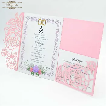 50 gab./daudz Tri-fold rozā roze ar lāzeru griezti ielūgumu kartes, kāzu dekorēšana