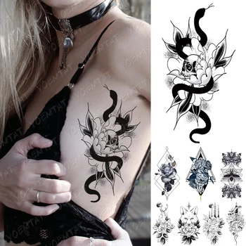 Ūdensnecaurlaidīgus Pagaidu Tetovējumu Uzlīmes Čūska Ziedu Tumšas Līnijas Flash Tetovējumiem Rožu Mēness Kožu Body Art Roku Viltus Piedurknēm Tetovējums Sievietēm