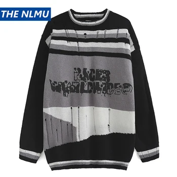 2022 Džemperis Vīriešiem Ripped Iznīcināta Streetwear Trikotāžas Džemperis Hip Hop Retro Krāsu Raibs Džemperis Džemperis Vaļēju Caurumu Trikotāža