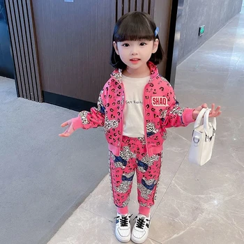 Jaunā Pavasara Rudens 2GAB Bērniem Meiteņu Apģērbi no Kokvilnas Komplekts Leoparda Mētelis Baby Girl Bikses Apģērbu Komplekts Maz Meitene Gadījuma Sportwear
