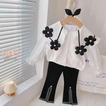 Pavasara-rudens Meiteņu drēbes 2022 jauns Bērnu'shirt black Liela ziedu krekls ar garām piedurknēm Atpūtas Baby Girl atloks augšdaļas ģērbs