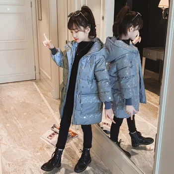 Ziemā Silts, Biezs, Uz Leju Modes Kokvilnas Parkas Bērniem Meitene Atstarojošs Outwear Mētelis Bērnu Apģērbu Kapuci Meiteņu Žaketes Virsdrēbes