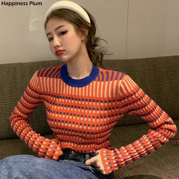 Svītrainu Džemperi Sieviešu Vintage O-veida kakla Trikotāža korejiešu Stilā Feminino Klasiskais Šiks Slim Džemperis Preppy Harajuku Rudens Dizains