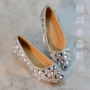 Pavasara jaunu kristālu zemiem papēžiem dzīvoklis baltā līgavas dimanta kāzu kurpes, liela izmēra sekla muti banketa kleita vienas kurpes sievietēm