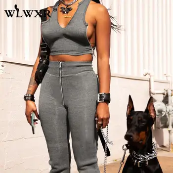 WLWXR Rudens Black 2 Divas Gabals Komplekti Tracksuit Sieviešu Tērpiem Ir 2021. Sweatsuits Sievietēm Rāvējslēdzēju Kultūraugu Top Un Garas Bikses Komplekti