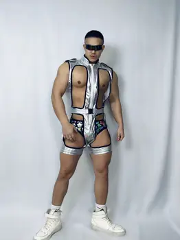 Vīriešu Sexy Sudraba Nākotnes Hollowout Bodysuit Bikses Apģērbs Muskuļu Cilvēku Puses Liecina, Posmā Valkā DJ Pole Deju Apģērbu