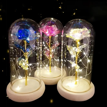 Ir 2021. LED Enchanted Konservēti Rozes Stikla Galaxy Rose Puķu LED Gaismas Mākslīgie Ziedi Ziemassvētku Valentine Dāvanu Meitenēm