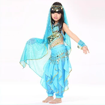 Vēdera Dejas Bērniem Indijas Kostīmu Set 5-gabals (Tops, Josta, Bikses, Headpiece un Uzmavas) Bollywood Deju Tērpi Meitenēm