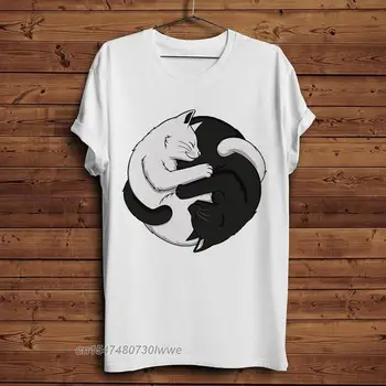 Yin Yang Melno Un Balto Kaķi Smieklīgu T Kreklu Vīrieši Jaunu Gadījuma Foršs Street Wear T Vienkāršu Karikatūra O Kakla Tees