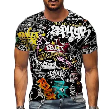Vīriešu Ielu Grafiti Print T-Krekls O Apkakli, Īsām Piedurknēm Zaudēt Hip Hop Plus Lieluma Vīriešu Apģērbs 2