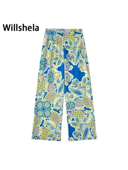 Willshela Sieviešu Modes Apdrukāto Pusi Rāvējslēdzēju, Bikses Vintage Pilna Garuma Vidū Vidukļa Sieviešu Šiks Lady Taisnas Bikses