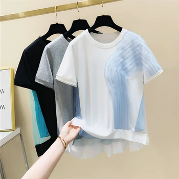2022. Gada Vasarā Dizaina Apšūta Acs Kroku Raibs Gadījuma O Kakla Īss T-Krekls Sievietēm Korejiešu Stila Topi Brīvs