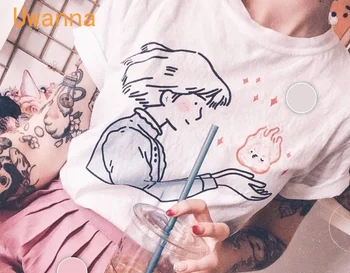 Japāņu Anime Izdrukāt Grafikas Tees Sieviešu Cute Karikatūra T-Krekls Ar Īsām Piedurknēm O-Veida Kakla Modes Tshirt Gadījuma Balts Tops Tee Sieviete