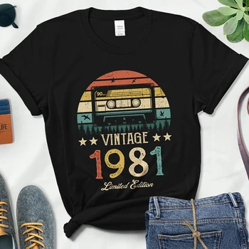 Retro Kasetes Vintage Veikta 1981. Gadā, Sieviešu T Krekls 43rd 42 Gadus Vecs Dzimšanas dienas svinības Dāvanu Streetwear Dāmas Vasaras Modes Tshirt