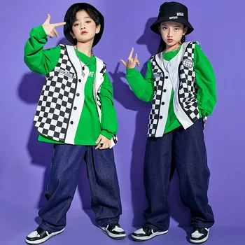 Mazulis Kpop Hip Hop Apģērbu Raiba Jaka bez Piedurknēm Krekls Streetwear Džinsa Baggy Džinsu Bikses Meitene Zēns Deju Kostīms