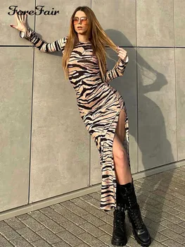 Forefair Backless Zebra Drukāt Sievietes Sexy Kleita Ar Garām Piedurknēm Rudens 2022 Augstas Sadalīt Bodycon Midi Modes Pusei Klubu Kleitas Y2k