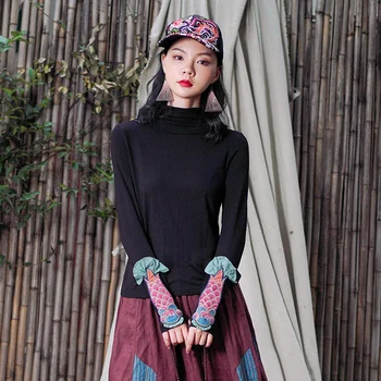 Izšuvumi Augsta Apkakle Cietā Topi Nacionālā Stila Sieviešu Ķīnas Dibenu Krekls Vintage Kokvilnas Džemperi Ar Garām Piedurknēm Blūze Slim