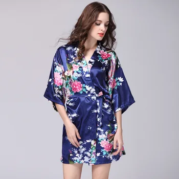 2018 Jaunā Zīda Kimono Drēbes Peldmētelis Sievietēm, Kas Zīda Līgavas Tērpu Sexy Tumši Zilā Mantijā Satīna Drēbes Dāmas Rītasvārki