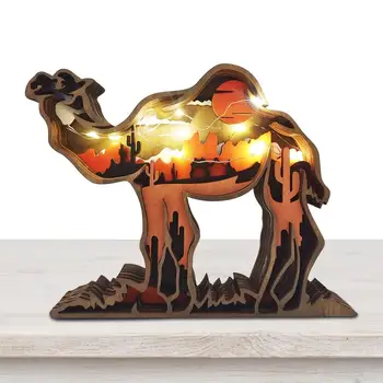 3D Koka Griešanai Meža Dzīvnieku Dobi daudzslāņu Meža Dzīvnieku Ornamenti Ar Gaismas Savvaļas Zemniecisks Camel Rhino Skulptūru Dekori
