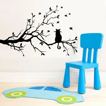 kaķis uz koka zara sienas uzlīmes, viesistaba, dīvāns fona guļamistabu mājas apdare mākslas Uzlīmes tapetes Roku cirsts uzlīmes