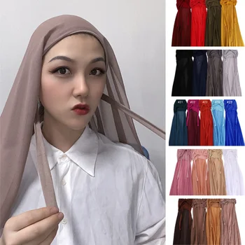 Vienkāršā Krāsu Šifona Hijab Šalle Ar BandageNon-Slip Elpojošs Islāmu Ilgi Hijabs Galvu Modes Turban Headwrap Musulmaņu Sievietēm