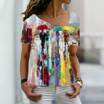 2022. gada Vasaras Sieviešu Modes Iespiesti 3D Tēma Abstraktās Ģeometriskās T Krekls ar V veida Kakla Pamata Topi Plus Size Print Krekls 6XL Pulovers Jaunas 3