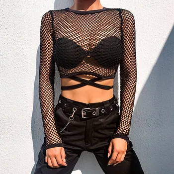 Seksīga Sieviešu T-krekls Jaunu Acu Goth garām Piedurknēm Kultūraugu Top Skatīt caur Fishnet Topi Gadījuma Camis Streetwear Sieviešu Apģērbi Vasaras