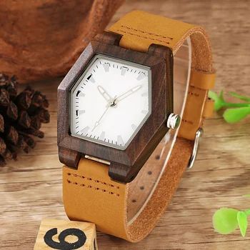 Minimālisma Koka Vīriešu Pulksteņi Sešstūra Jaunu Dizainu, Luksusa Modes Ādas Kvarca rokas pulksteņi Dāvanu Vīriešiem Reloj De Madera 0