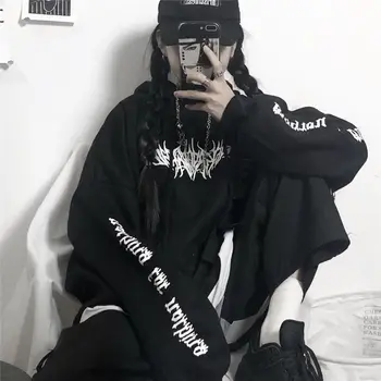 Melns Zaudēt Pelēkā Vārna Meitene Japāna Punk Smieklīgi Izdrukāt Topi Pavasara Modes Sieviešu Ikdienas High Street Harajuku Gothic Rudens Sporta Krekls
