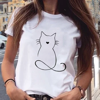 2022 Sieviešu Modes Grafiskais Kaķis Kokvilnas T Krekls Jauki Dzīvnieku Īsām Piedurknēm Pavasara Vasaras Karikatūra Izdrukāt Sieviešu Apģērbi Topi, T-Veida Ts