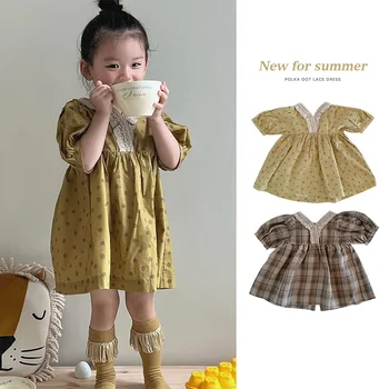 Korejas Baby Meitenes Vienu Gabalu Kleita 2022 Jauno Vasaras Mežģīņu Īsās Piedurknes Princess Puse Kleita No 6 līdz 7 Gadiem, Bērnu Apģērbs