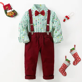 Ar garām Piedurknēm Apģērbs Dzimšanas diena Puiku Drēbes Zaļās un Sarkanās Pleds Krekls + Elsas + Siksna, 4 GAB./Komplekts Zīdaiņiem un Bērniem Ziemassvētku Kostīms