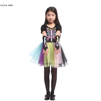 Varavīksnes krāsu Meitenes Halloween Skelets biedējošu Kostīmu Bērniem, Bērnu walking dead Velns, Dēmons, Cosplays Karnevāls Purima puse kleita 0